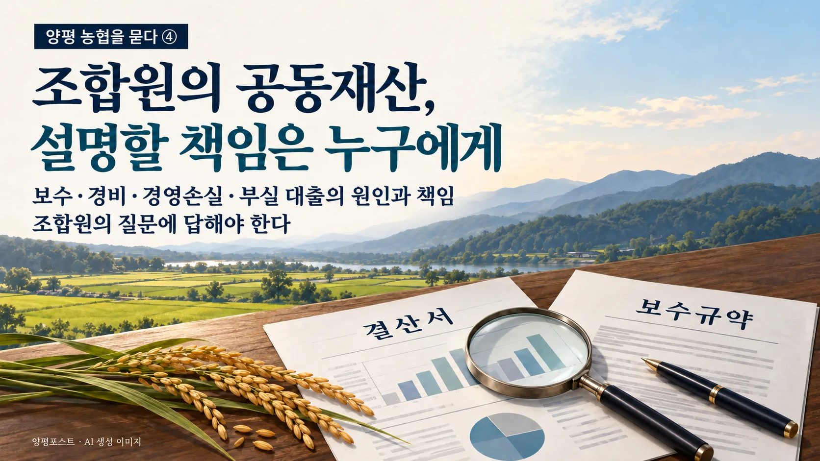 조합원의 공동재산인 농협의 보수·경비 공개와 부실 대출의 원인·책임을 묻는 기획 이미지. AI 생성 이미지=양평포스트.