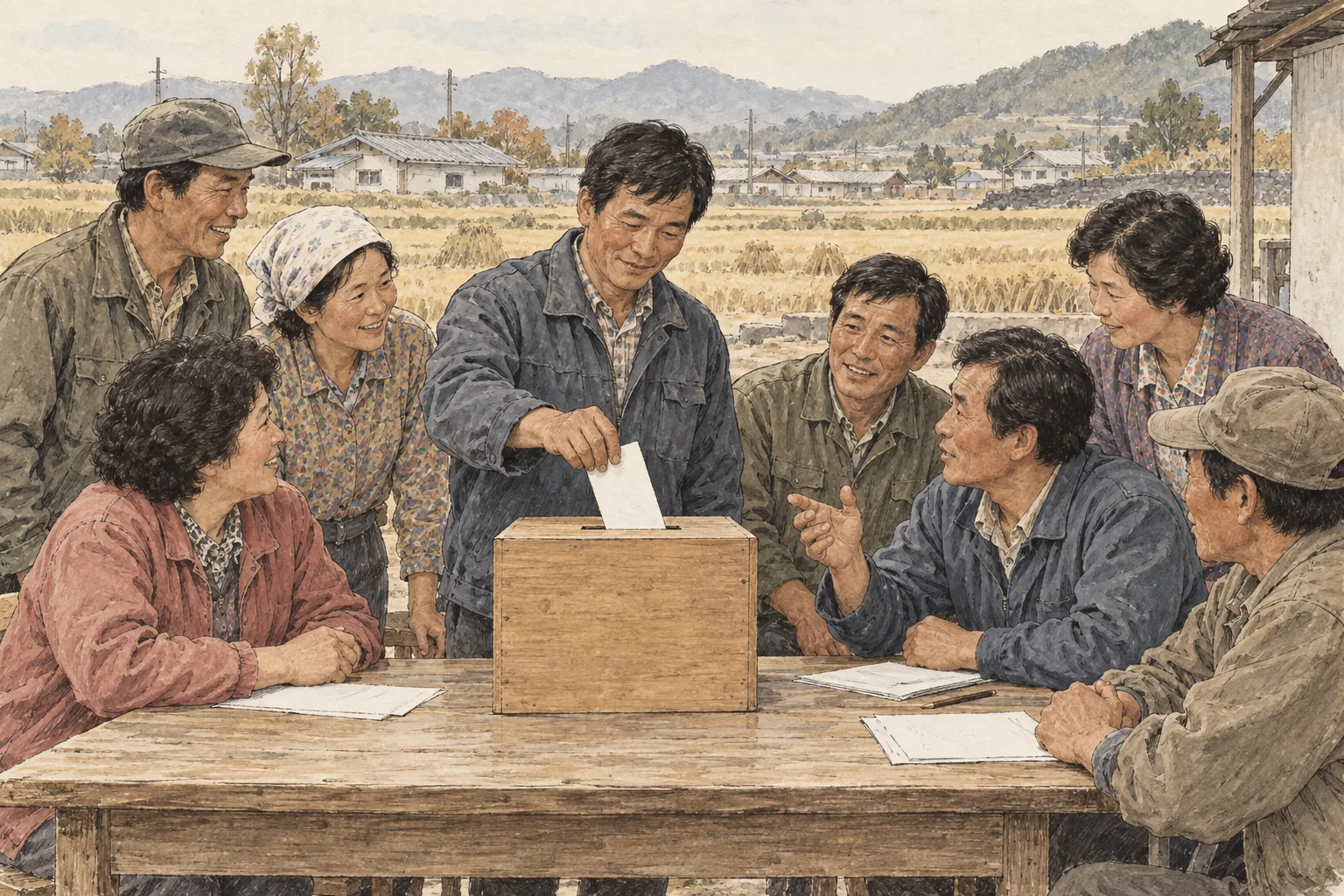 조합원의 참여와 민주적 의사결정이라는 협동조합의 원칙을 상징적으로 표현했다. 농협 민주화의 역사적 맥락을 바탕으로 제작한 AI 일러스트.